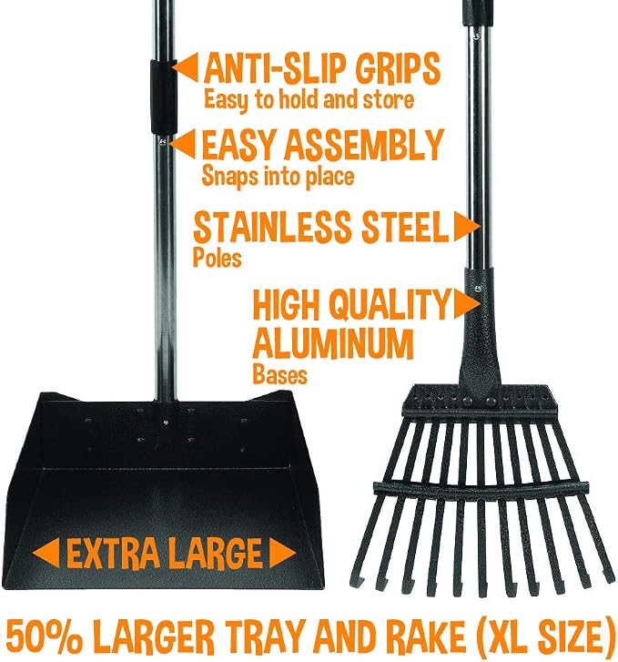 Bodhi Dog Pooper Scooper for Large Dogs - Heavy Duty Metal Poop Scoop w/Long Handle Tray & Rake - Dog Poop Scooper for Yard, Grass, Street, Gravel & Outdoor Areas - Pet Waste Cleanup Tool