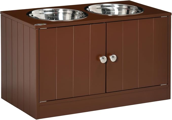 Large Elevated Dog Bowls with Storage Cabinet Containing 44L Capacity, Raised Bowl Stand Pet Food Feeding Station, Brown, Easy-Install