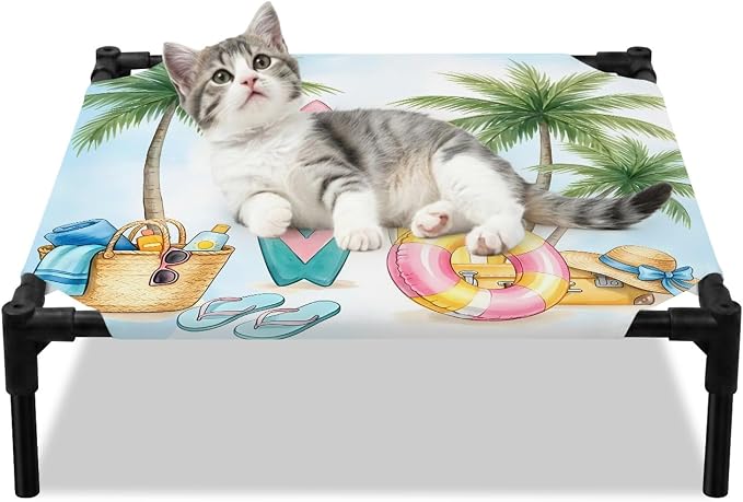 Outdoor Elevated Dog Bed for Small Dogs, Summer Beach Surfboard Breathable Cooling Raised Dog Cot for Indoor/Outdoor, Tropical Palm Tree Swimming Ring Waterproof Elevated Pet Beds, S 20 x 20 in