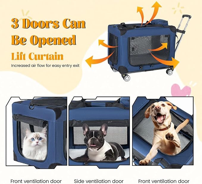 Rolling Pet Carrier with Wheels, Expandable Airline Approved Dog & Cat Carrier up to 50 lbs, Collapsible Travel Crate with Telescopic Handle, Breathable Soft-Sided Pet Carrier for Travel, Car & Home