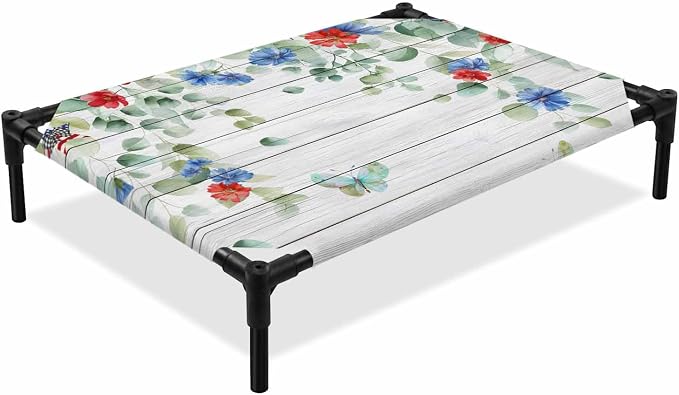 Outdoor Elevated Dog Bed for Large Dogs, Independence Day Breathable Cooling Raised Dog Cot for Indoor/Outdoor, Eucalyptus Leaves Floral Wooden Plank Waterproof Elevated Pet Beds, L 28 x 22 in