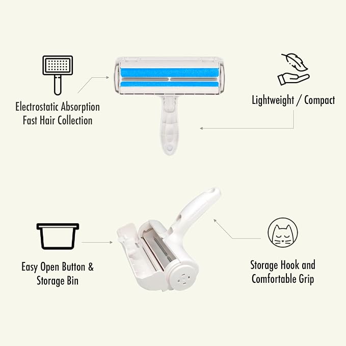 Roller Pet Hair Remover and Reusable Lint Roller - Cat and Dog Hair Remover for Furniture, Carpet, Clothes, Bedding and Car Seats- Lightweight, Multi-Surface Fur Removal Tool (Blue)