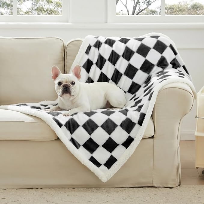 Ohocut Checkered Dog Blanket, Blue Jacquard Sherpa Blankets for Small Dog and Cats, Cute Aesthetic Style Fluffy Fleece Pets Blanket for Couch Protection Washable, 40"x50"