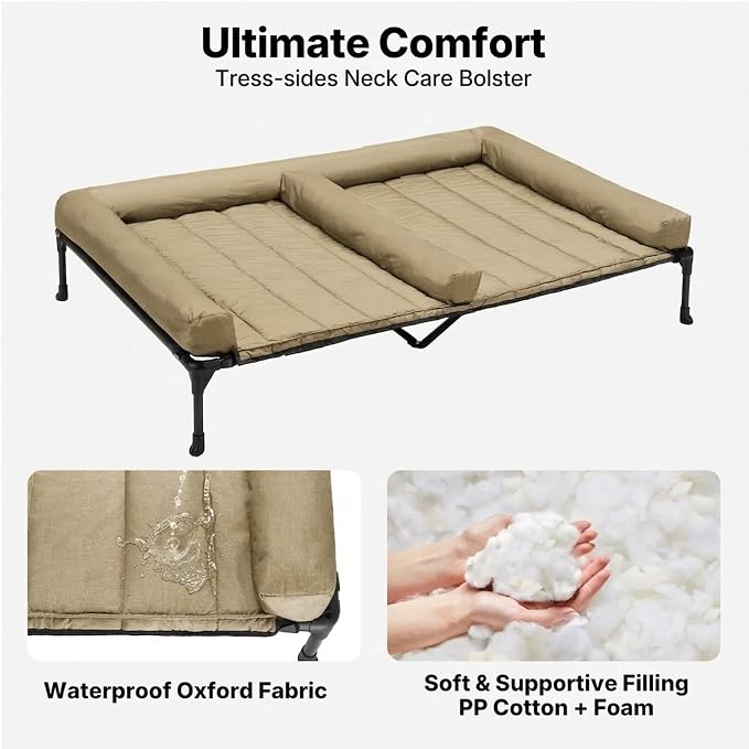 Veehoo Elevated Dog Bed for 2 Dogs, Cooling Raised Dog Bed with Bolster Mat | Outdoor Double Dog Bed with Removable Waterproof Cushion, Breathable Mesh, Non-Slip Feet for Outdoor & Indoor, 49", Beige