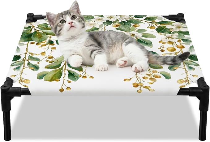 Outdoor Elevated Dog Bed for Small Dogs, Floral Vine Breathable Cooling Raised Dog Cot for Indoor/Outdoor, White Hanging Buds Botanical Flowers Farmhouse Waterproof Elevated Pet Beds, S 20 x 20 in