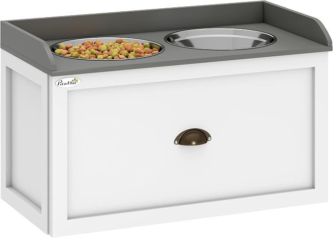 PawHut Dog Feeding Station with Drawer Dog Food Storage Cabinet White | 2 Removable Elevated Pet Bowls, for Large Sized Breeds
