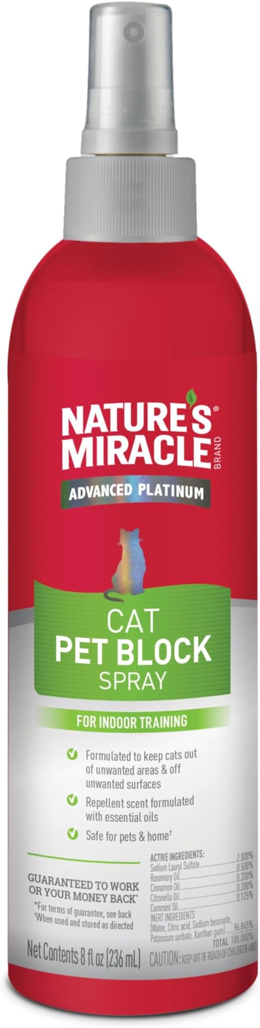 Nature's Miracle Advanced Platinum Cat Pet Block Repellent Spray, 8 Ounces, Indoor Training Aid for Cats