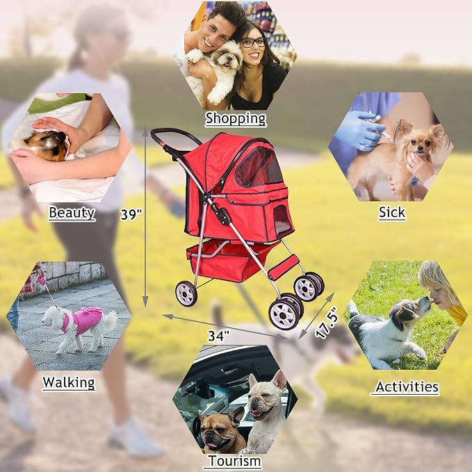 4 Wheels Pet Stroller Cat Dog Cage Stroller Travel Folding Carrier with Cup Holders and Removable Liner for Small-Medium Dog, Cat (Red)