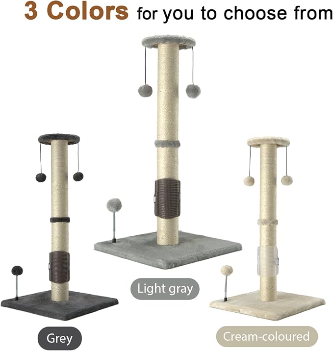 PEEKAB 32" Tall Cat Scratching Post Sisal Scratch Posts with Hanging Ball and Self-Massage Brush Vertical Scratcher for Indoor Cats and Kittens Light-Gray 32inches