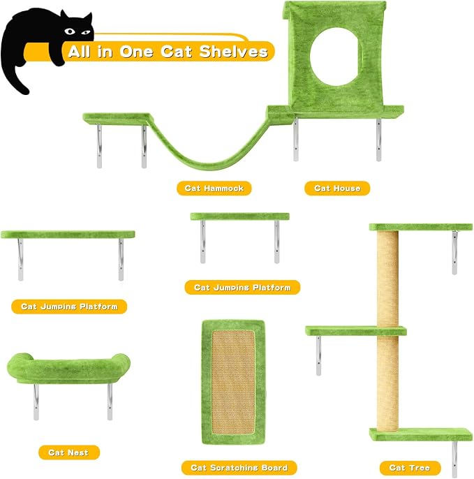 NUNU LAB Wall Mounted Cat Furniture Set - 6 Pcs Climber Set with House, Bridge, Steps, Scratcher Board - DIY Walls Playground, Indoor Cat Shelves - Green