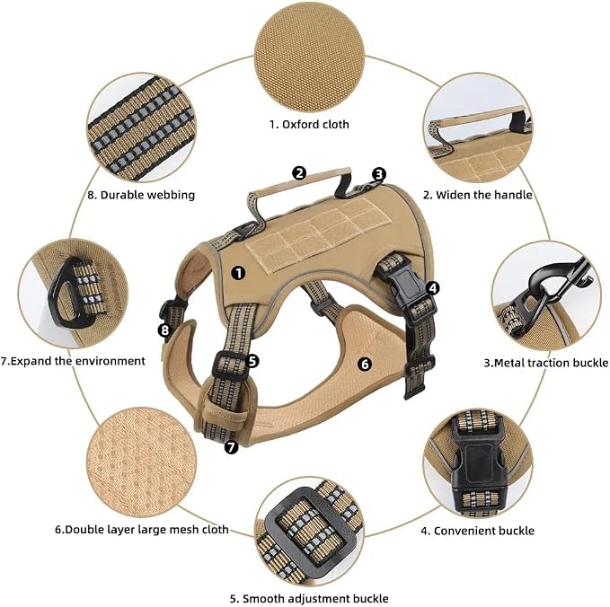 Tactical Dog Harness with Leash for Large Dogs, No Pull Adjustable Dog Harness, Reflective K9 Working Pet Vest for Walking, Training (Khaki, M)