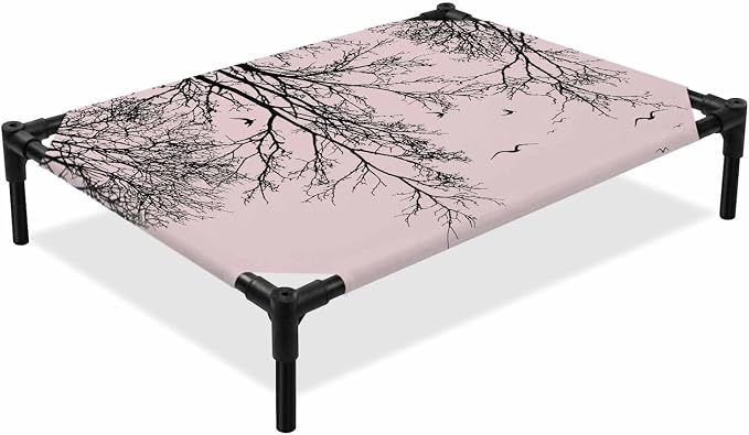 Outdoor Elevated Dog Bed for Medium Dogs, Pink Black Branches Breathable Cooling Raised Dog Cot for Indoor/Outdoor, Botanical Dead Tree Birds Waterproof Elevated Pet Beds, M 24 x 20 in