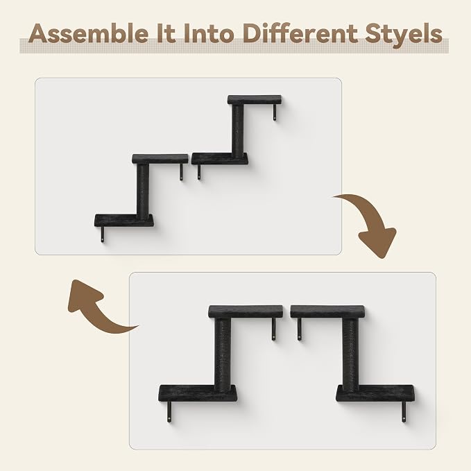 Meecal 6-in-1 Cat Wall Shelves, Wall Mounted Cat Furniture Set with Scratching Posts, Cat Bed & Bridge, Space Saving Cat Climbing Perch for Kittens, Black