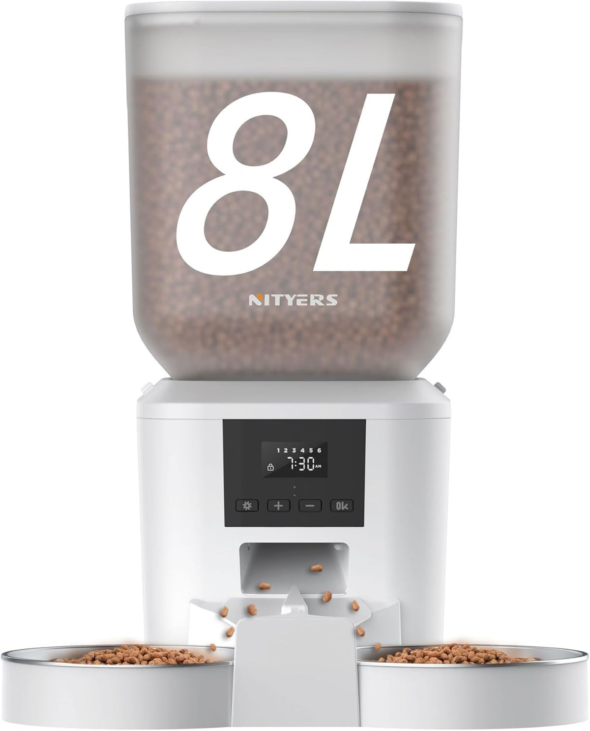 Automatic Cat Feeder for 2 Cats - 8L/34 Cups Large Capacity Auto Food Dispenser with LCD Screen, 2 Food Trays, Timed Cat Feeder, Up to 50 Portions 6 Meals Per Day, Keep Fresh, White