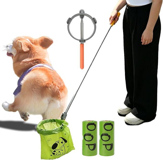 Dog Pooper Scooper with Bags, Long Handle No-Touch Dog Waste Picker Tool | With 30 Rolls Poop Bags, 47 Inch Extendable Handle, No Bending Cleanup, Portable Pooper Scooper for Yard, Walks and Travel