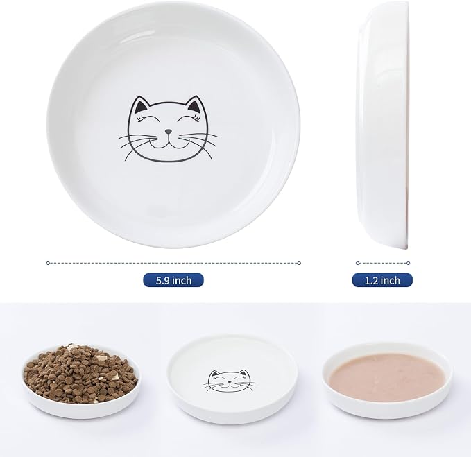 Lusifaco Shallow Cat Food Bowls, 5.9 Inch Wide Ceramic Cat Dish for Indoor Cat,Anti Whisker Fatigue Cat Dishes Set, Kitten Plates for Food and Water,Non-Slip Silicone Mat,3 Pack(Green)