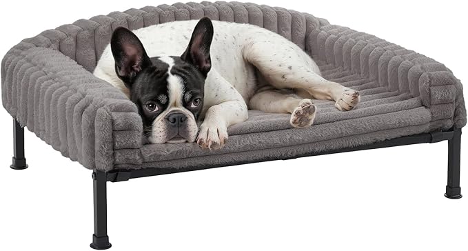 Veehoo Elevated Dog Bed with Bolster Cushion, Fluffy Plush Dog Couch Beds for Small Dogs, Cats, Washable Raised Pet Cot with Non-Slip Feet for Indoor or Patios Use, 24 x 18 Inches, Grey
