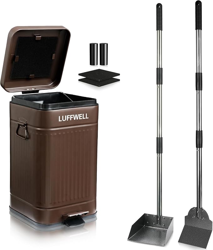 Dog Poop Trash Can Outside, 12L Metal Bin, Tray & Spade | 2 carbon filters, Step-to-open pedal, Soft-close lid, Anti-tip securing ring, Easier cleanup, Stays upright