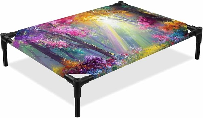 Outdoor Elevated Dog Bed for Large Dogs, Spring Tree Breathable Cooling Raised Dog Cot for Indoor/Outdoor, Forest Sunbeams Floral Botanical Waterproof Elevated Pet Beds, L 28 x 22 in