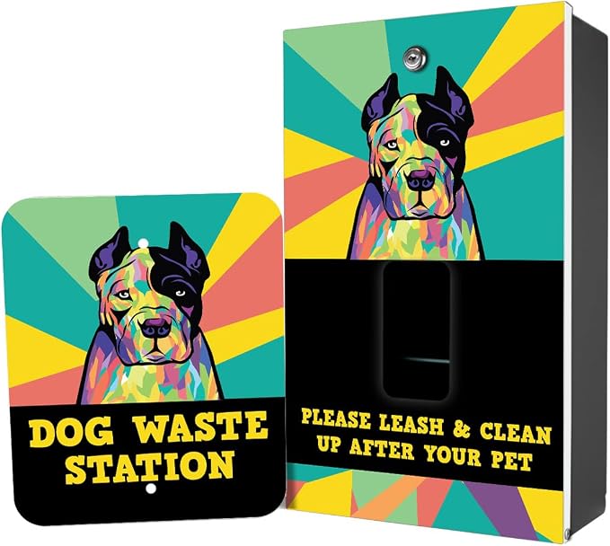 Dispense-Art Collection Pop Art American Pit Bull - Custom UV Printed Design on Rust-Proof Aluminum Dog Waste Station with 10-Gallon Lidded Can, 400 Dog Waste Bags & 25 Can Liners