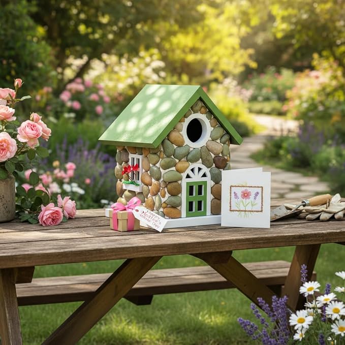 Masterpiece Bluebird House for Outside Clearance,Hanging Bird House for Outdoor, Stone Villa, River Pebbles Birdhouse for Outside, Garden Statue Solid Wood Longtime Lasting, Post Pole Mountable