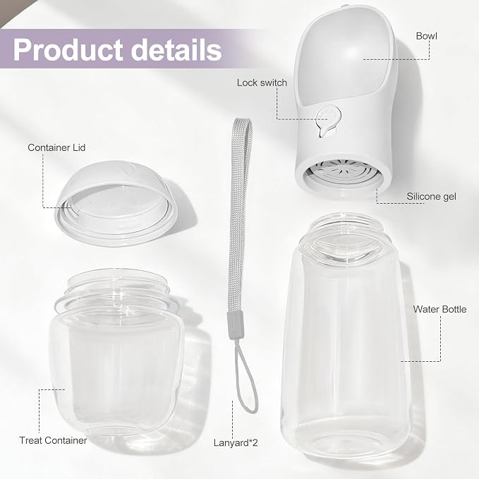 Dog Water Bottle, Portable Water Bottle with Food Container for Dogs Cat Pet Hiking Walking Travel Camping, Leak-Proof Dog Water Bowl Dispenser with Feeder Function Puppy Essentials