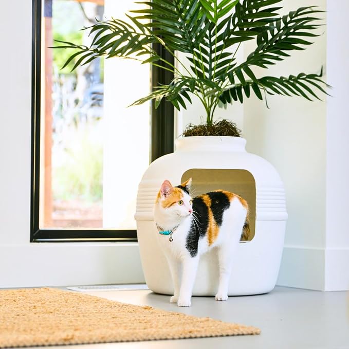 Good Pet Stuff Original Hidden Litter Box Planter, Decorative Cat Litter Enclosure with Carbon Filter, Artificial Palm Plant, Upgraded Design, Easy Clean Litter Tray, Essentials Kit, White Birch