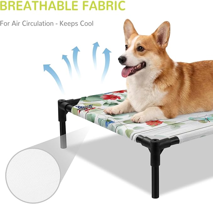 Outdoor Elevated Dog Bed for Medium Dogs, Independence Day Breathable Cooling Raised Dog Cot for Indoor/Outdoor, Eucalyptus Leaves Floral Wooden Plank Waterproof Elevated Pet Beds, M 24 x 20 in