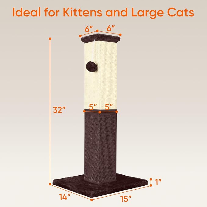 Cat Scratching Post, 32 Inch Cat Scratching Post for Large Cats, Cat Scratcher with Nature Sisal, Cat Scratch Post for Indoor Large Cats and Kitten, Brown