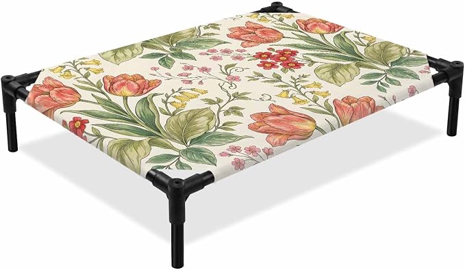 Outdoor Elevated Dog Bed for Medium Dogs, Botanical Tulip Breathable Cooling Raised Dog Cot for Indoor/Outdoor, Farmhouse Vines Floral Summer Plants Waterproof Elevated Pet Beds, M 24 x 20 in