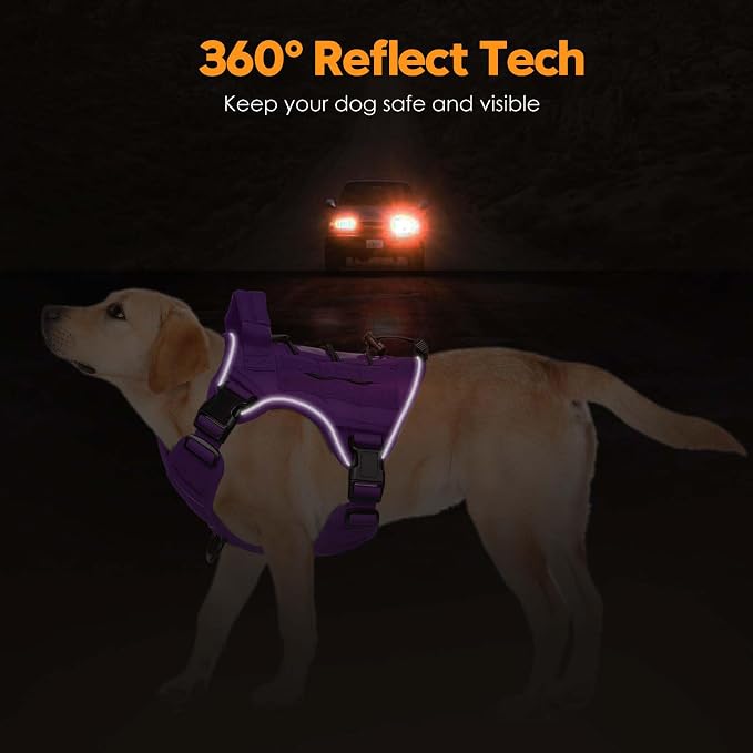 Heavy-Duty Tactical Dog Harness for Large Dogs, No Pull Adjustable Reflective Pet Vest with Molle System, K9 Military-Grade Control for Service Training, Outdoor & 10+ Breeds, Purple, Small