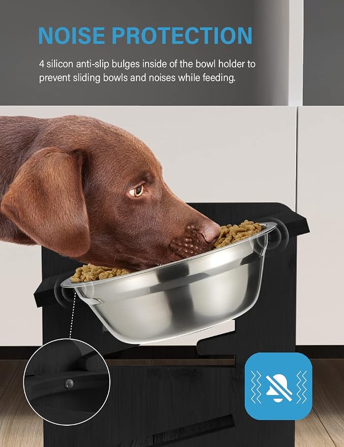 Elevated Dog Bowls, Raised Bowl Stand Adjustable Large/XLarge, Black | Bamboo Elevated Feeder with 2 Stainless Steel Bowls, Adjustable Height Stand for Large and Extra-Large Dogs