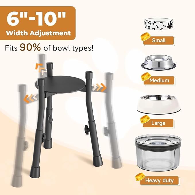 Elevated Dog Bowl Stand for Large Medium Breeds, Extra-Stable Food Feeder | Adjustable Size 4 Heights Width 6-10in, Anti-Tip Metal Raised Water Dish Holder, Non-Slip Tall Single Lifted Riser