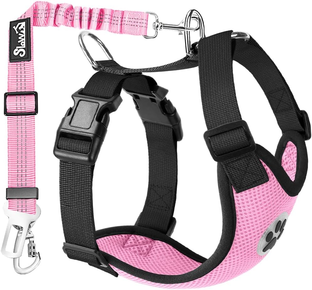 Lukovee Dog Seat Belt for Car, Adjustable Dog Car Harness for Large Medium Small Dogs, Soft Padded & Breathable Mesh Dog Seatbelt with Car Strap and Carabiner(Pink Double Clip,XXX-Small)