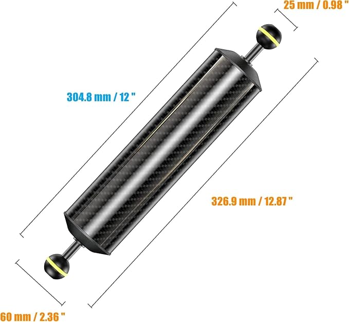 Sea frogs Carbon Fiber Float Arm D60mm, 12'', Buoyancy Provided 580g | for Ultralight, Aquatic Arm, Underwater Camera System Diving Tray Video Light/Strobe GA-8