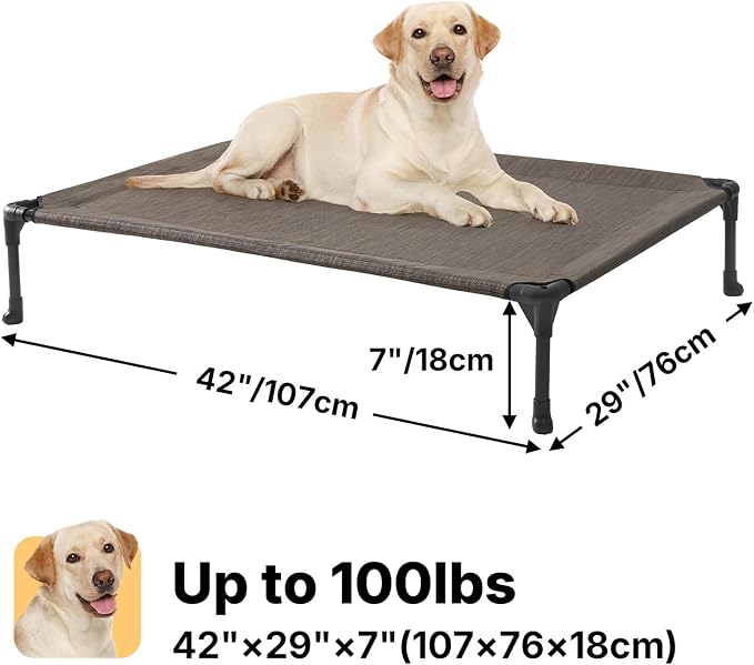 Veehoo Outdoor Elevated Dog Bed Large Sized Dogs, Cooling Raised Dog Cots | Off-ground training platform, portable camping hammock, breathable mesh, easy to clean, no-tool setup, 42"x30", Brown