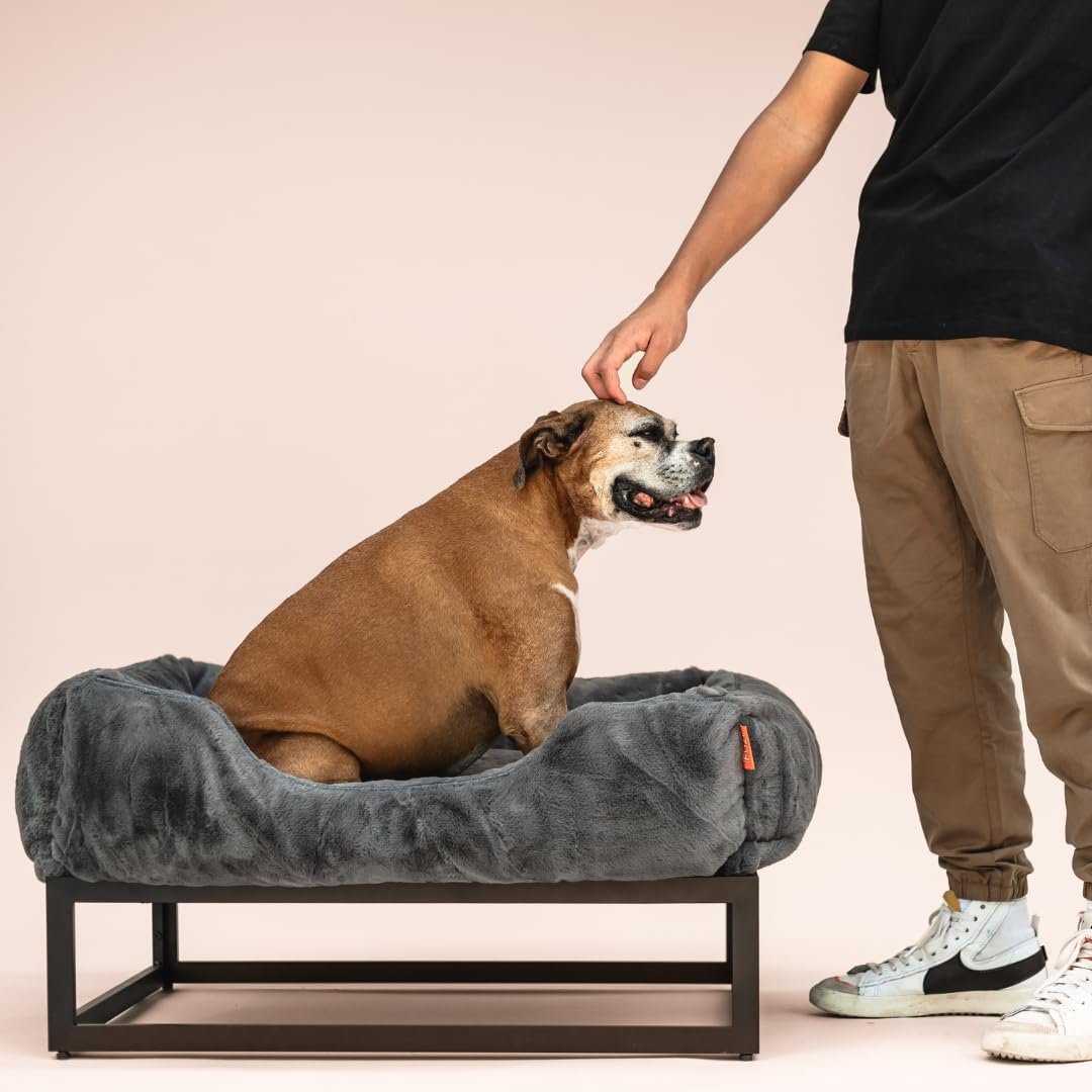 FUZI Luxury Aesthetic Dog Bed for Small Dogs with Washable Cover, Pet Couch, Pet Bed with Sides, Non-Slip Bottom, Soft & Durable Calming Dog Bed, Faux Rabbit Fur Cover, Small 25.1x16.75x9.5 Dark Grey
