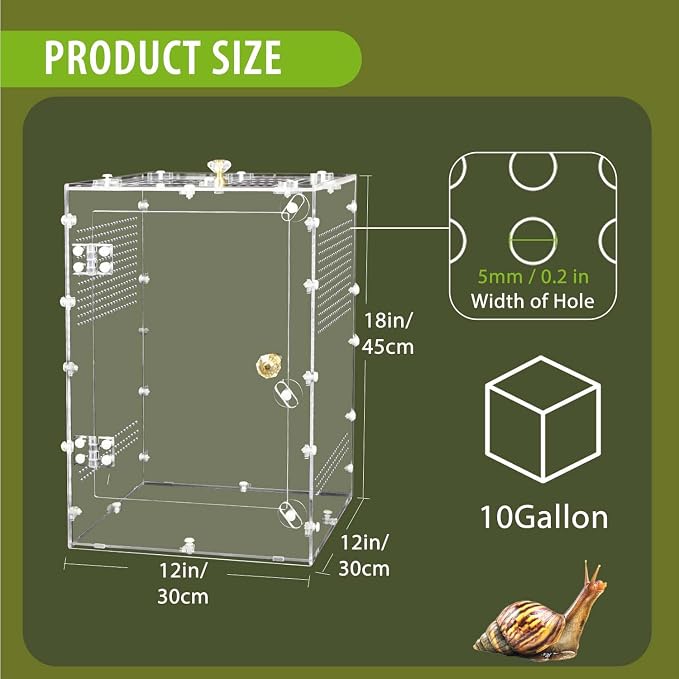 Reptile Enclosure 10 Gallon for Crested Gecko, Lizard, Bearded Dragon, Snakes，Frogs, Large Spiders, Acrylic Reptile Tank Feeding Terrarium with Front & Top Opening Doors and Vent Holes - 12"*12"*18"