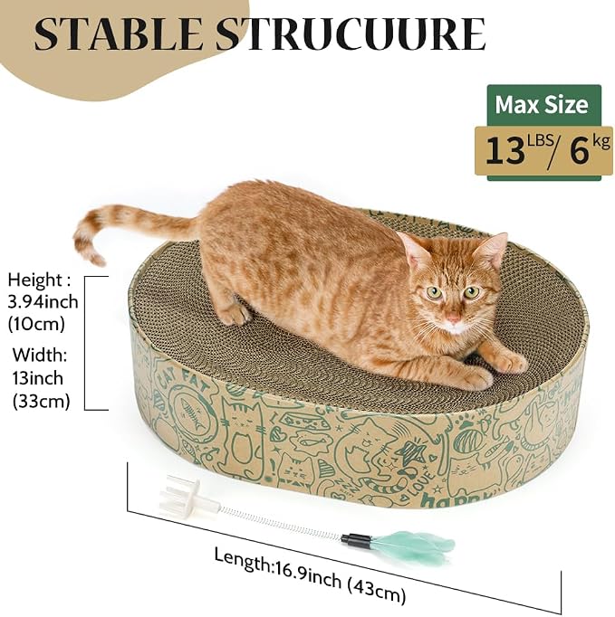 Cat Scratcher Cardboard, 2in1 Oval Cat Scratcher Bed for Indoor Cats Cat, Scratch Pad Bowl with Scratching Toy, Cozy Oval Cat Scratch Bed Furniture for Kittens & Medium Size Cats(Green)