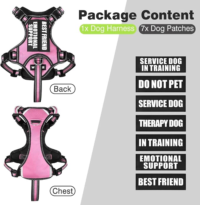 Large Pink Service Dog Harness with 7 Patches, No Pull Reflective Dog Vest for Training, Mesh Soft Padded Handle, Adjustable Fit for Dogs 50-80 lbs.