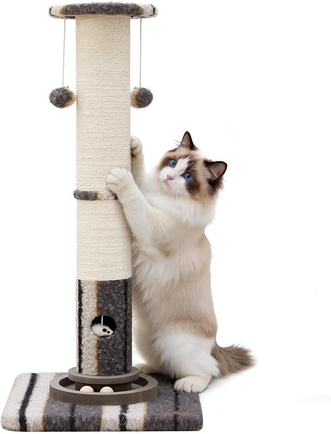 Woochpet Cat Scratching Post 34 Inch Tall Heavy Duty Sisal Scratcher with Interactive Track Mouse Toy Condo Top Jingle Balls for Indoor Kittens,Grey