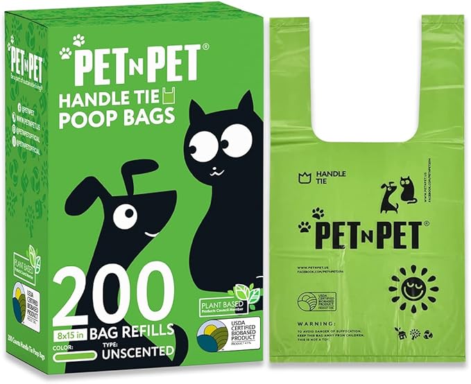 Pet N Pet 200 Counts Unscented Dog Poop Bags Rolls with Tie Handles, 41% Plant Based & 59% PE Poop Bags for Dogs, Extra-Thick Doggie Poo Bag, Pet Waste Bag