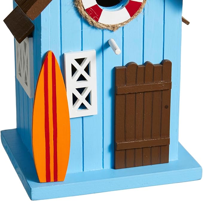 Glitzhome Blue Bird Houses for Outdoors, 10" H Modern Solid Wood Cottage Hand Painted Hanging Bird House Beach Hut Decorative Pet Cottage Outdoor Garden Birdhouse for Wren Finch Cardinals,Blue