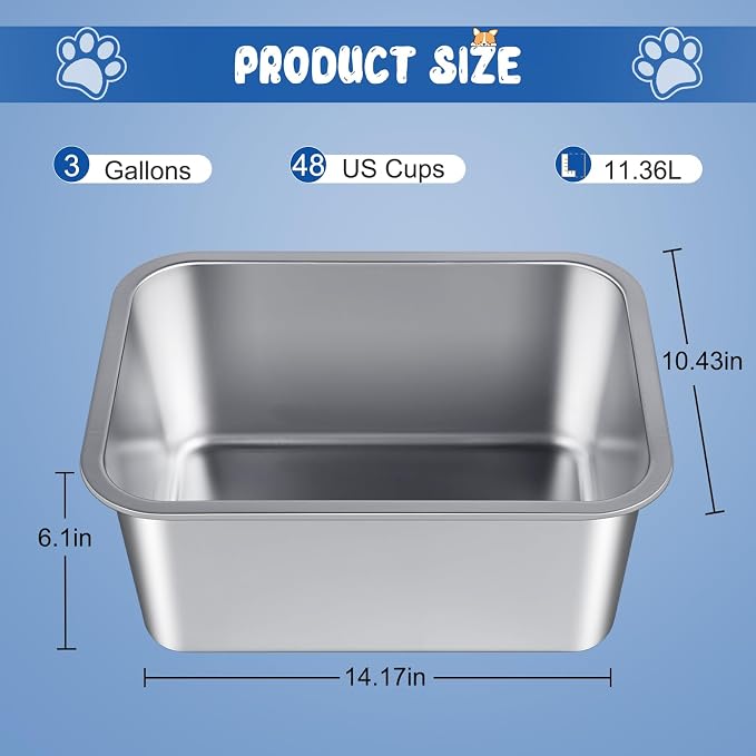 Bwogue Extra Large Dog Water Bowl, 3 Gallons, Stainless Steel, Durable, High Capacity, Rectangular Structure, Strong Stability, Easy to Clean | 2 PCS Large Dog Water Bowl, Large Water Bowl for Dogs, Wide Deep Bowl, Rectangular Shape, Easy to Clean, Ind...