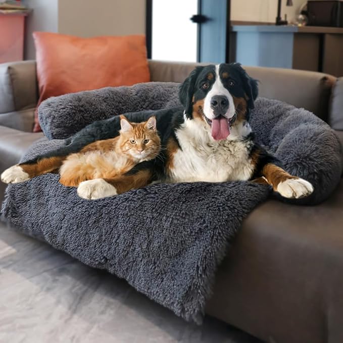 Calming Dogs/Cats Bed Mats, Dog Pad Washable Removable Couch Cover, Plush Long Fur Mat for Pets, Waterproof Lining, Perfect for Small, Medium and Large Dogs and Cats (Dark Gray, 59"x39")