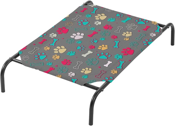 QOOMO Elevated Dog Bed with Cooling Fabric, Pet Cot for Small and Big Dogs, Indoor and Outdoor Use, Joint Relief, Cute Printed Cushion Included (Colored Paw Prints, 47.24" L*31.89" W*9.45" Th)