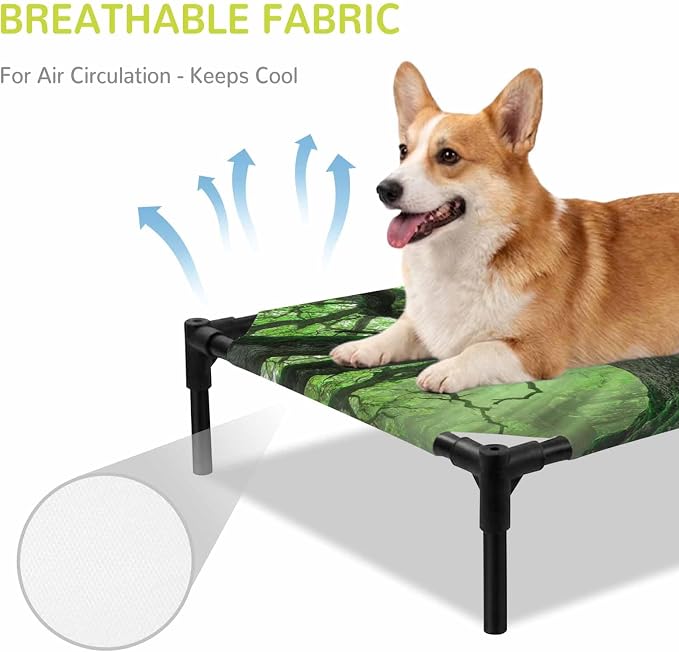 Outdoor Elevated Dog Bed for Medium Dogs, Green Trees Breathable Cooling Raised Dog Cot for Indoor/Outdoor, Sunlight Forest Branches Nature Scenery Waterproof Elevated Pet Beds, M 24 x 20 in