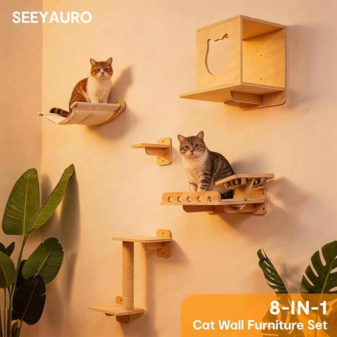 8-in-1 Cat Wall Shelves for Large Cats, Wall Mounted Cat Furniture with Feeding Station&Extra Wide Hammock, Heavy Duty Cat Climber for Indoor Cats to Sleep Play & Eat, 44lbs Capacity, Wood