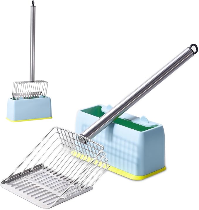 PETOCAT Metal Cat Litter Scoop with Holder Stainless Steel Kitten Poop Scooper, 17.5" Heavy Duty Pet Poop Sifter for Cat Box, Long Handle Large Waste Shovel, Fast Sifting Big Clumps, Solid & Durable