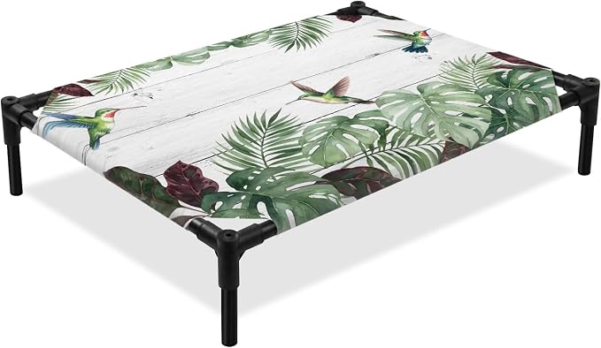 Outdoor Elevated Dog Bed for Medium Dogs, Summer Hummingbirds Breathable Cooling Raised Dog Cot for Indoor/Outdoor, Tropical Palm Leaves Farmhouse Wood Waterproof Elevated Pet Beds, M 24 x 20 in